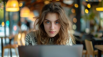 A young woman with wavy hair using a laptop at a cafe, surrounded by a warm, ambient setting with soft lights.
