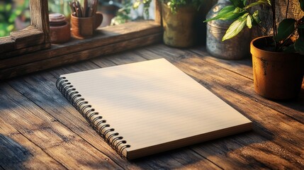 A blank notepad on a rustic wooden table near plants and sunlight.