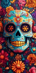 Bold Day of the Dead poster with vibrant colors and intricate details.