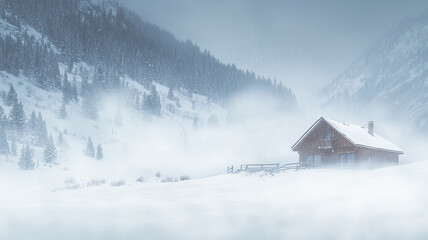 Naklejka premium A solitary cabin nestled in a snow-covered landscape during the tranquil winter solstice