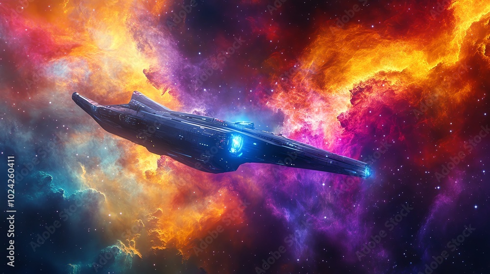 Poster a spaceship flies through a colorful nebula in space.