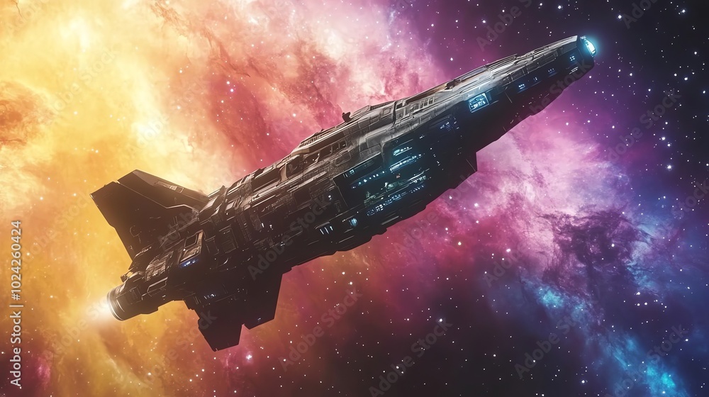 Poster a futuristic spaceship flies through a colorful nebula in space.