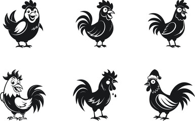 Rooster Chicken head black and white silhouette and icon vector illustration bundle set