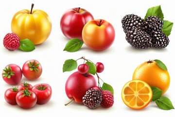A collection of different fruits, including peaches, blackberries, cherries, and citrus, shown in vibrant and realistic illustrations

