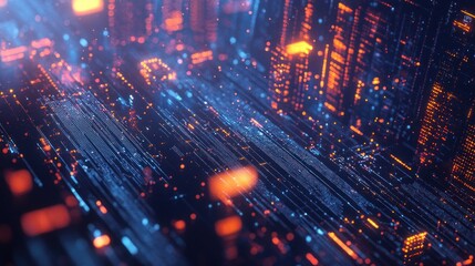 Abstract Digital Network with Orange and Blue Lights