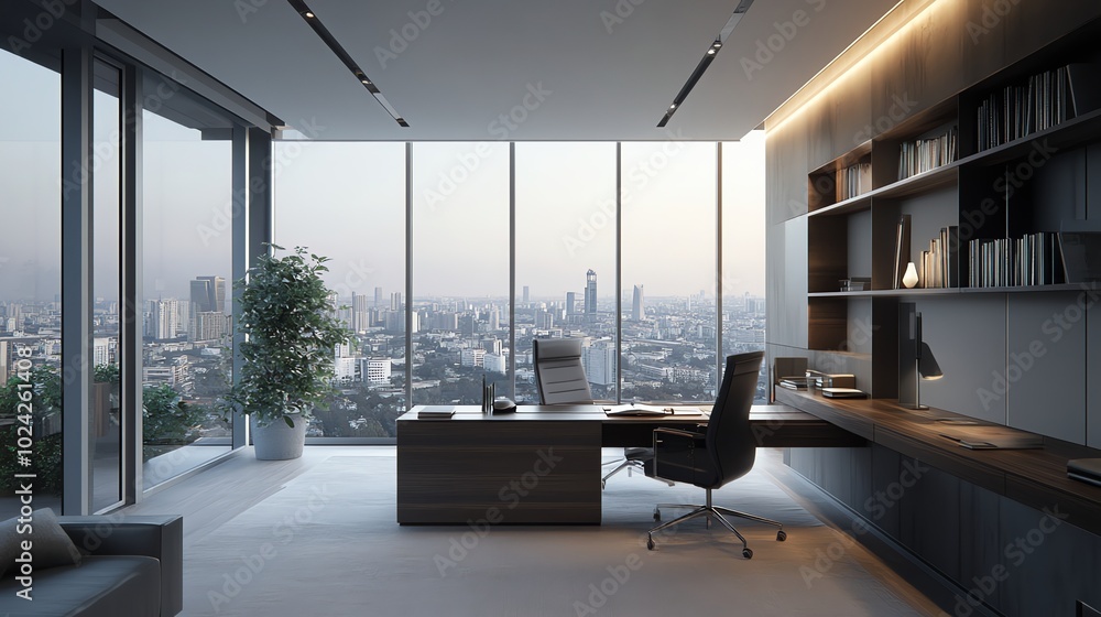 Poster a modern office with a large window overlooking a cityscape. the desk is large and made of wood, and
