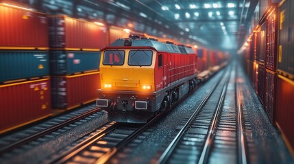Fototapeta premium Freight train moving through a container terminal.