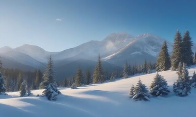 Fototapeta premium Snow-Covered Mountain Landscape with Tall Pines and Soft Sunlight under a Bright Blue Sky, Serene Wilderness Panoramic View