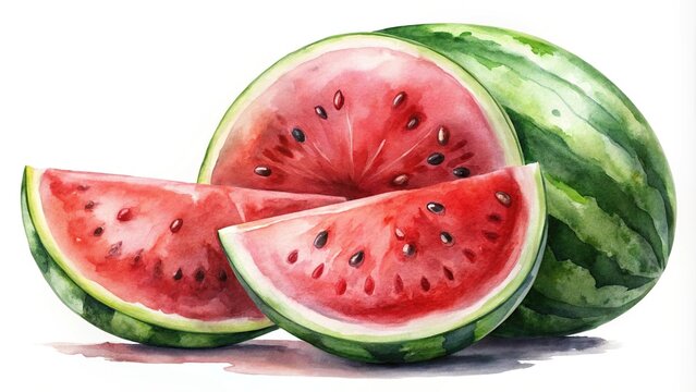 Watercolor artwork of a tilted angle red watermelon with several lobules