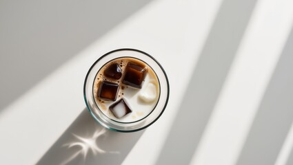 Iced Coffee with Milk and Ice Cubes in Glass Top View.