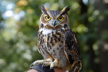 A close-up of a rehabilitated owl perched on arm, ready to be released back into the wild after weeks of care.