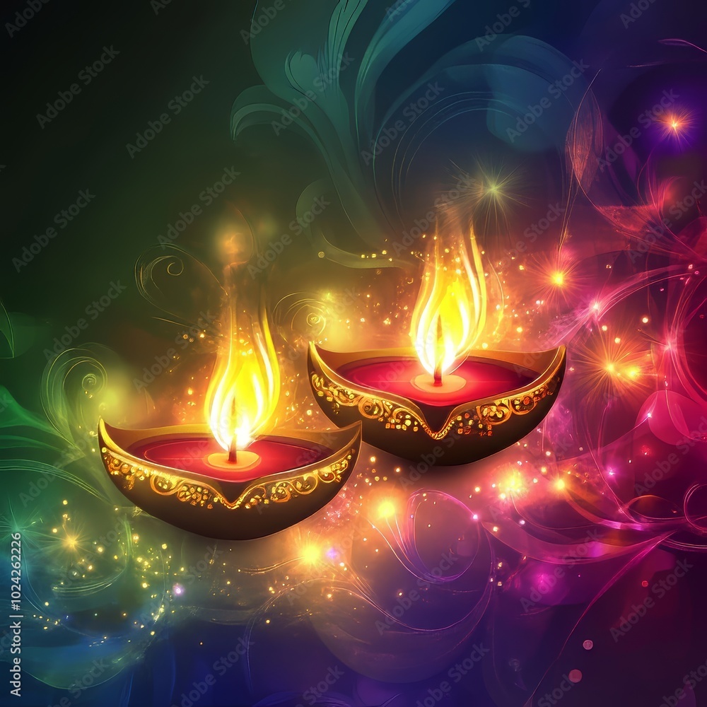 Poster Brightly lit oil lamps with a colorful abstract background, symbolizing the festive spirit of Diwali.