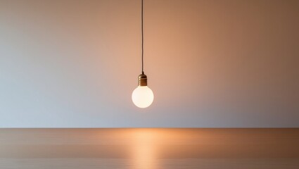 Illuminated Wooden Surface with Hanging Light Bulb.