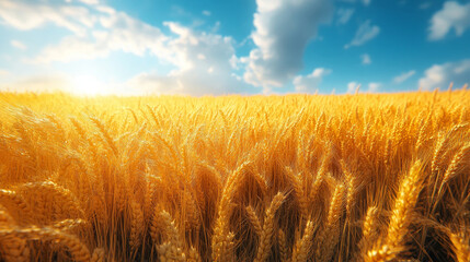 Golden ears of wheat are swaying in a gentle breeze under a bright blue sky with fluffy white clouds
