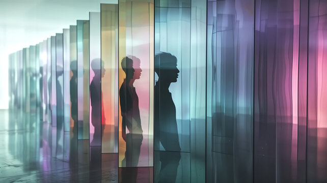 A person trapped in a room full of distorted mirrors, each refle