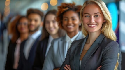 Obraz premium A diverse team of business professionals in formal attire, standing in a row and smiling, representing corporate teamwork and inclusivity