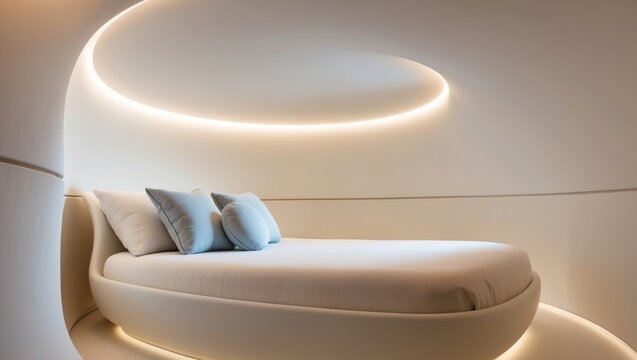Modern Futuristic Bedroom Interior Design with Curved Walls Pillows and White Bed.