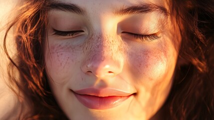 A close-up of a young face, showing contentment, her eyes half-closed and lips curled into a gentle smile.