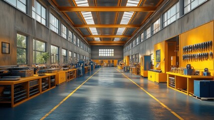 Spacious industrial workshop with equipment and organized workstations.