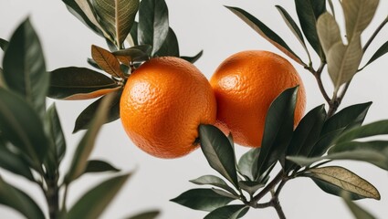 Orange tree with three juicy oranges and leafy branches.