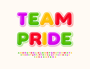 Vector colorful Emblem Team Pride. Bright Kids Font. Glossy Alphabet Letters and Numbers set