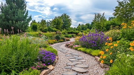A stone path winds through a lush garden filled with vibrant flowers and greenery.