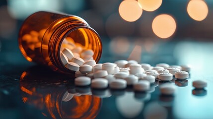 Prescription with bottle of many pills on the mirror light table