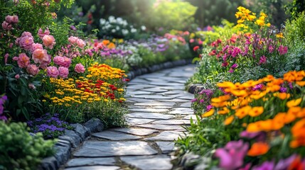 A stone path winds through a lush garden with colorful flowers in bloom.