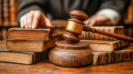 Judge is reaching for a law book on a desk with a gavel resting on a sound block in the foreground