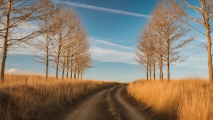 Peaceful path through golden grass under a clear sky with trees in the distance.
