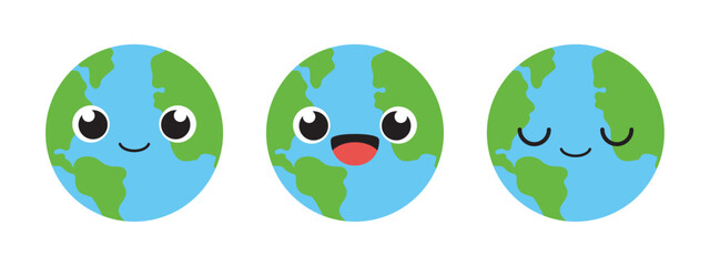 Set of cute planet earth cartoon characters. Flat design illustration.