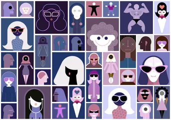 Art collage of images of different people, color avatars collection. People wearing sunglasses. Flat style graphic design elements. Tileable wallpaper, can be used as seamless background.