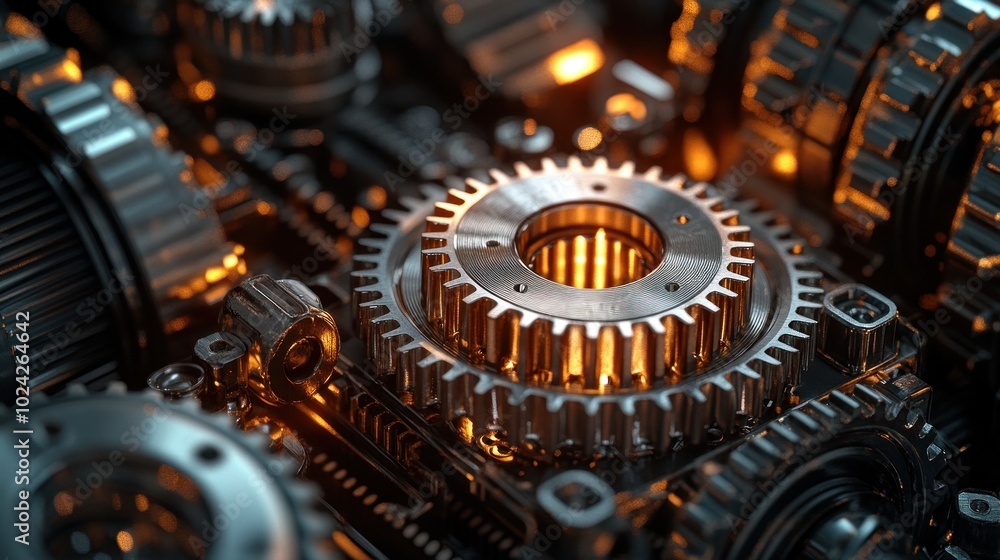 Poster closeup of a complex machine with interlocked gears illuminated with warm light.