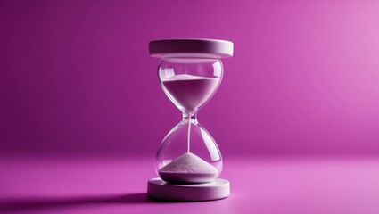 sandglass on vivid purple background with copy space.