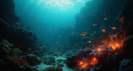 Fototapeta premium Podwodny świat raf koralowych w okolicach aktywnych sejsmicznie. Widoczne pęknięcia skał z wypływem gorącej magmy. Widzimy kolorowe rybki i stworzenia wodne. 