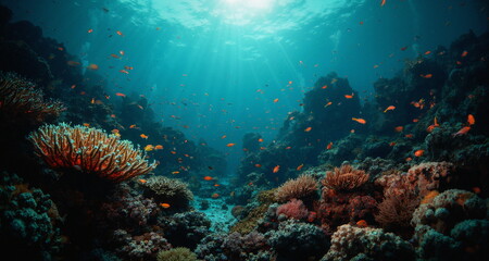 Fototapeta premium Podwodny świat raf koralowych w okolicach aktywnych sejsmicznie. Widoczne pęknięcia skał z wypływem gorącej magmy. Widzimy kolorowe rybki i stworzenia wodne. 