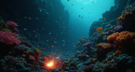 Fototapeta premium Podwodny świat raf koralowych w okolicach aktywnych sejsmicznie. Widoczne pęknięcia skał z wypływem gorącej magmy. Widzimy kolorowe rybki i stworzenia wodne. 