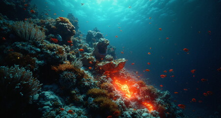 Fototapeta premium Podwodny świat raf koralowych w okolicach aktywnych sejsmicznie. Widoczne pęknięcia skał z wypływem gorącej magmy. Widzimy kolorowe rybki i stworzenia wodne. 