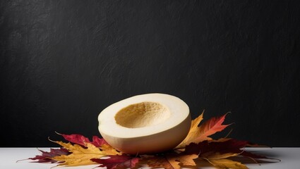 Sliced squash with fall leaves on dark background.