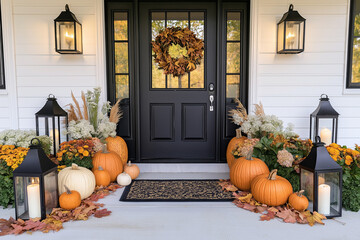 Beautiful fall autumn front door porch with pumpkins and chrysanthemum