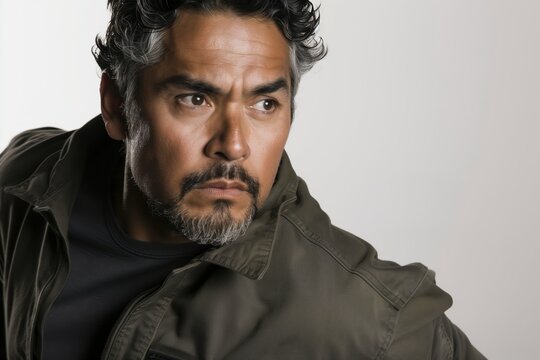 Serious Middle-aged Man in Olive Green Jacket - Powered by Adobe