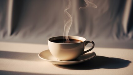 Fototapeta premium Steaming cup of coffee or tea on a dark background.