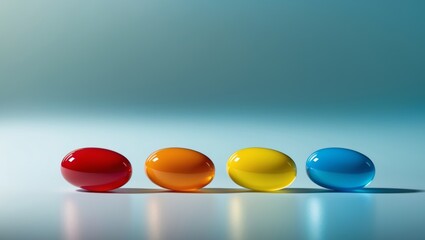 Three colorful capsules on a blue background.