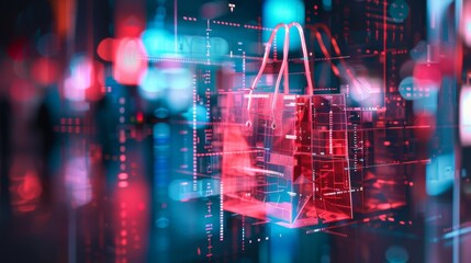 Futuristic Digital Shopping Concept with Holographic Shopping Bag