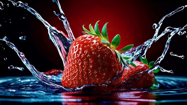 A single strawberry splashes into water, creating a dramatic wave and droplets.