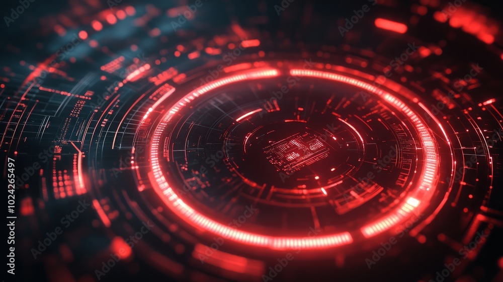 Poster abstract futuristic technology background with red glowing circles and digital elements.