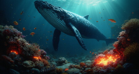 Obraz premium Podwodny świat raf koralowych w okolicach aktywnych sejsmicznie. Widoczne pęknięcia skał z wypływem gorącej magmy. Widzimy kolorowe rybki i stworzenia wodne. Na pierwszym planie wieloryb.