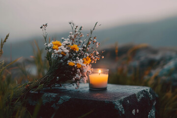 A serene gravestone with a glowing candle and a bouquet of fresh flowers in nature