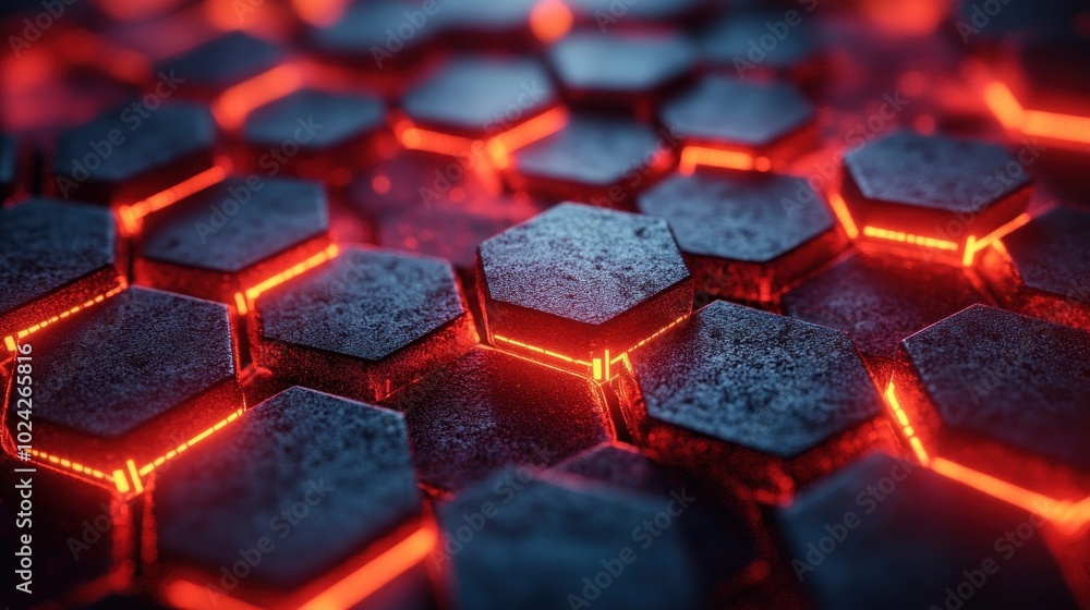Poster abstract glowing red hexagonal pattern.