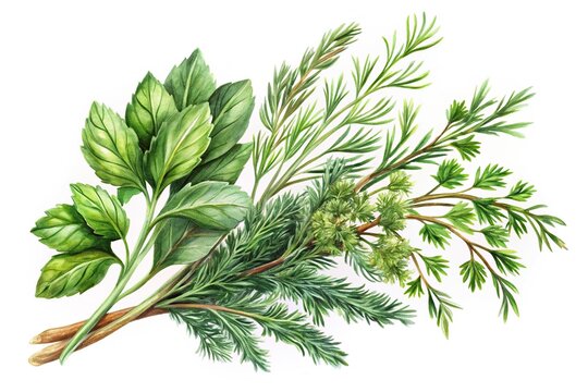 watercolor green herbs bouquet on white background clip art preview